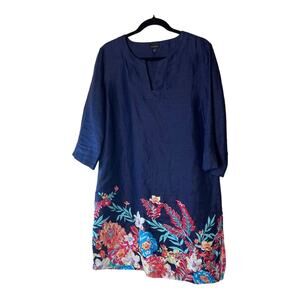 Talbots 100% Linen Navy Blue‎ Shift Dress w Floral design Small